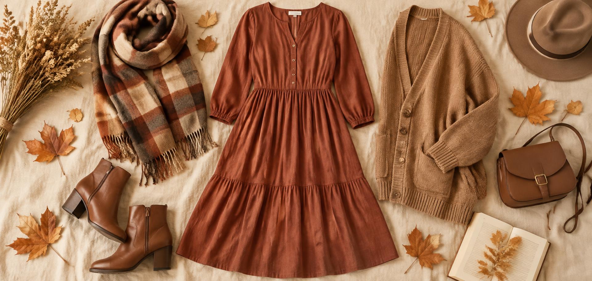 Autumn flat lay with a rust midi dress, camel cardigan, plaid scarf and ankle boots